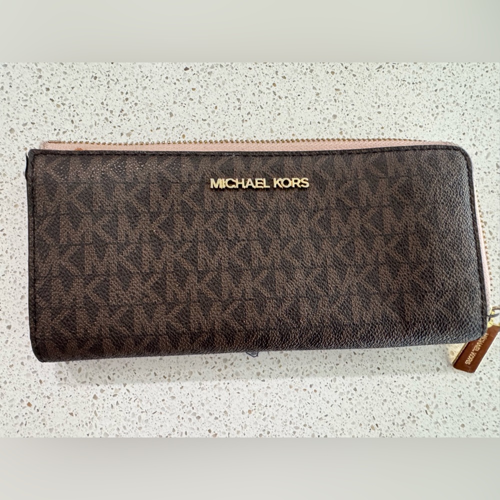 Michael Kors Dark Brown Zip Wallet with Gold Accents
